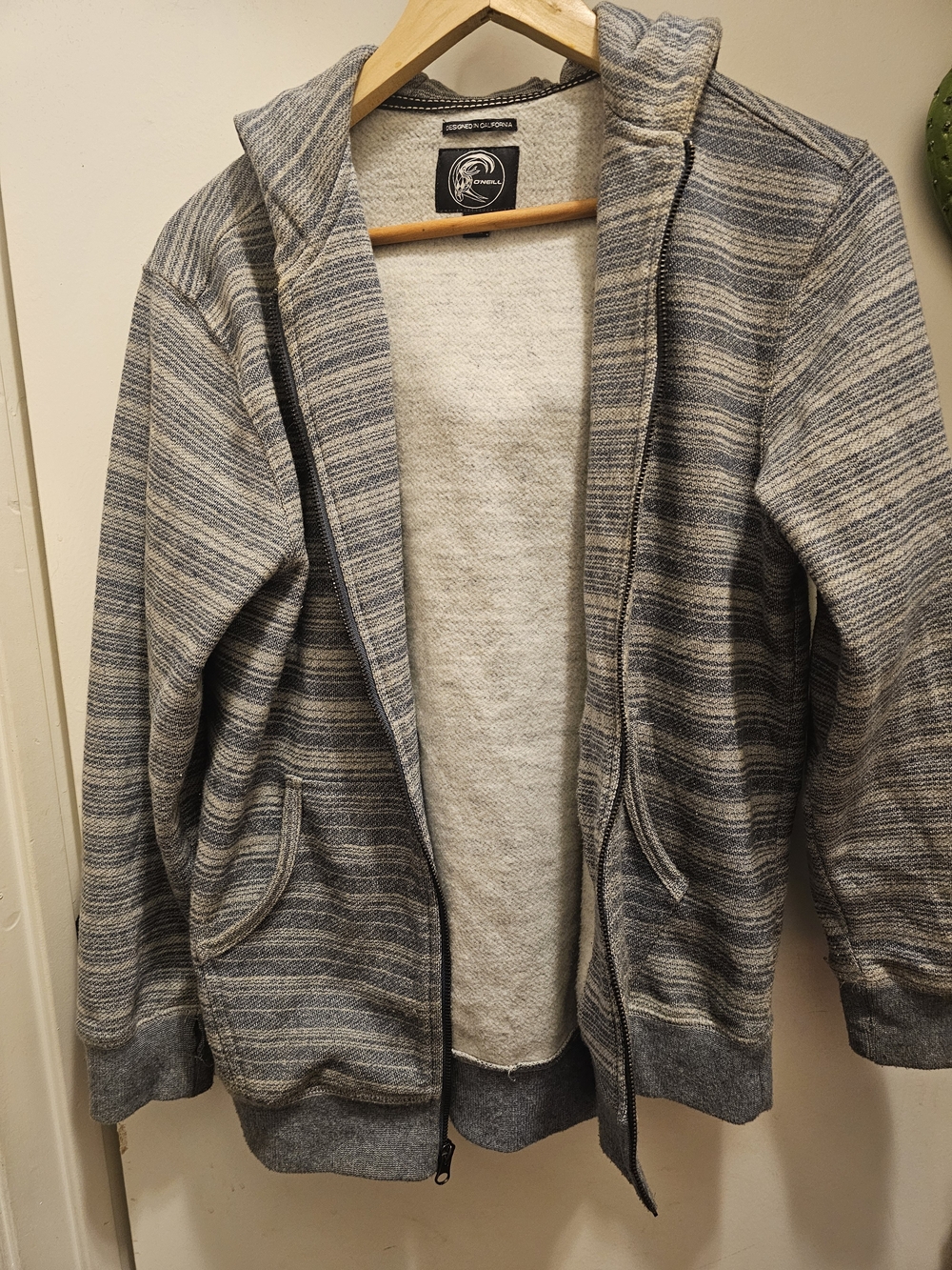 O'Neill Men's Hooded Zip Jacket in Gray and Blue Stripes